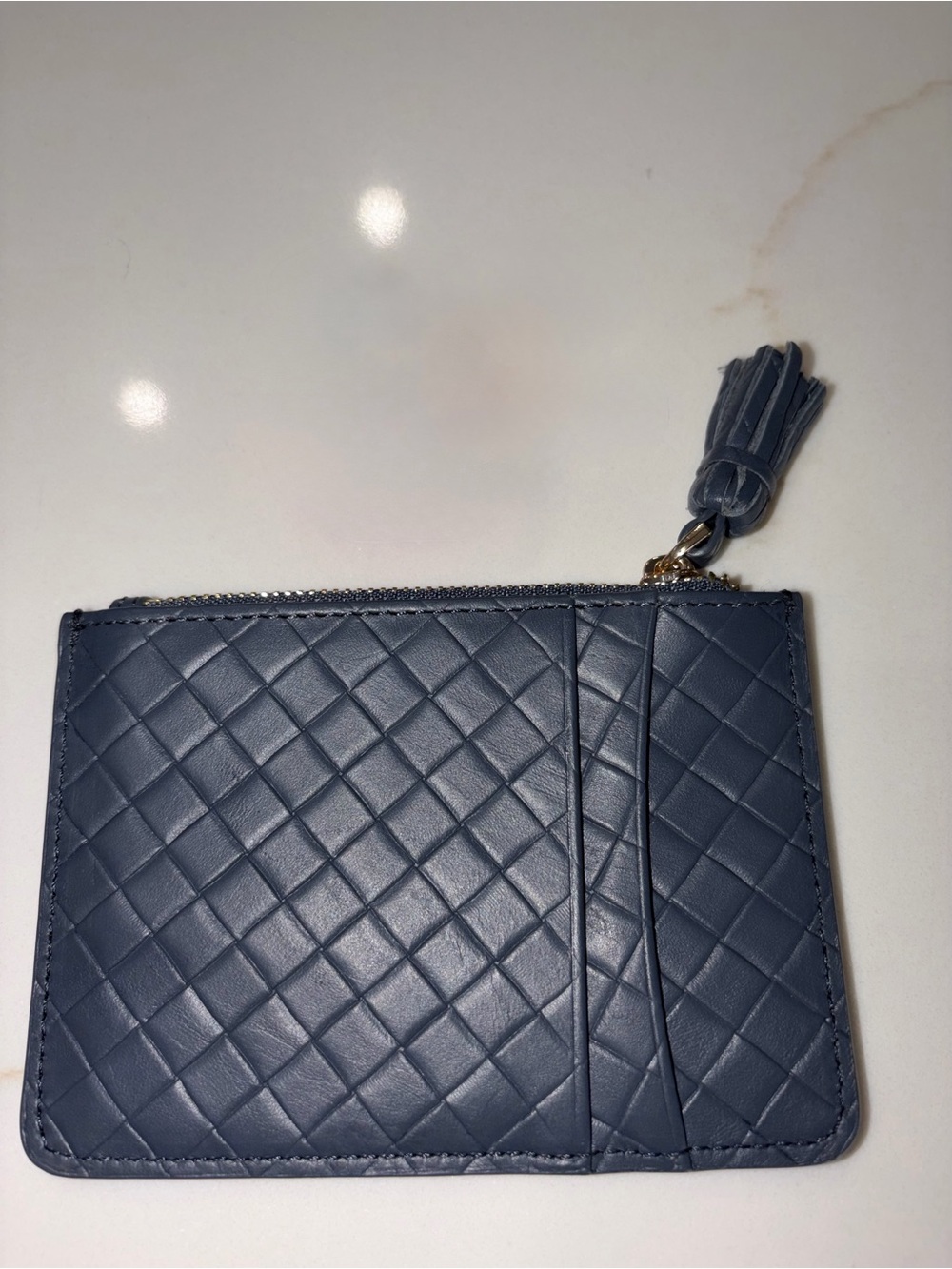 Pom Pom of London Slate blue lattice woven Leather Zip Card Wallet w Tassel NEW - Picture 3 of 4